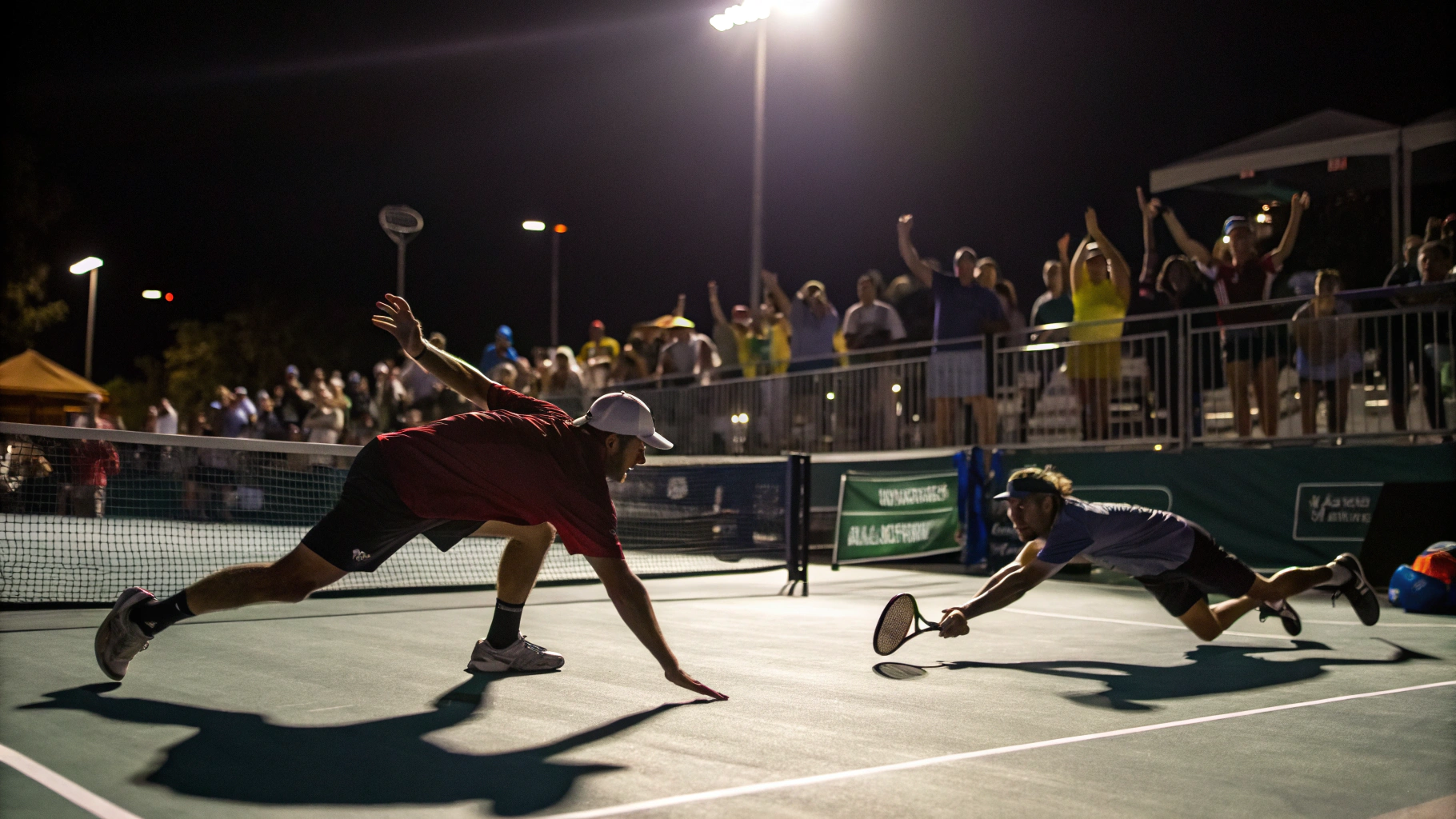 High-speed action shot of a pickleball player hitting a smash on a professional court
